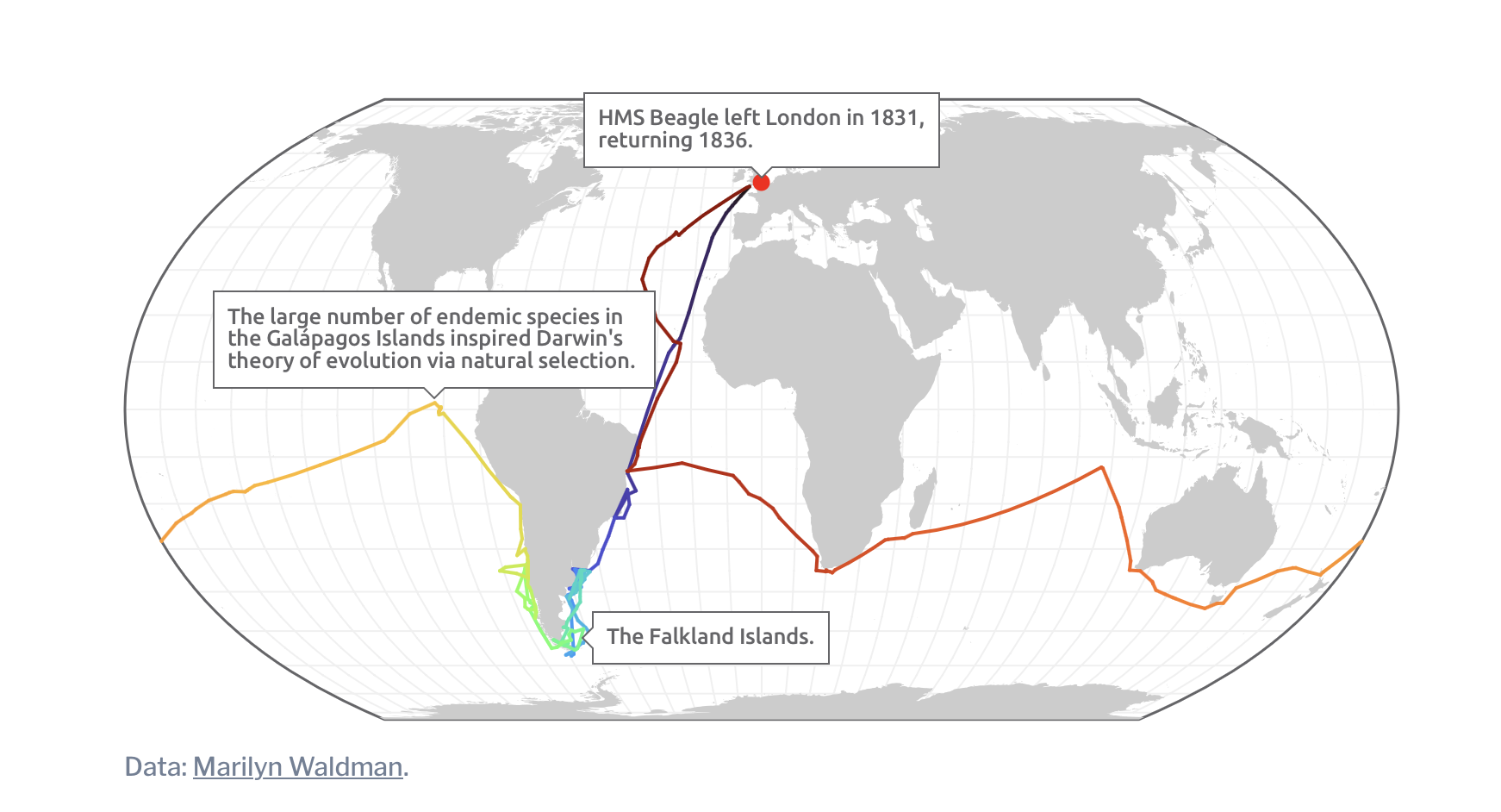 A world map illustrating the voyage of the HMS Beagle from 1831 to 1836. The path is marked in colored lines, highlighting stops at the Falkland Islands and the Galápagos Islands. Map includes text about Darwin’s theory. Data by Marilyn Waldman.