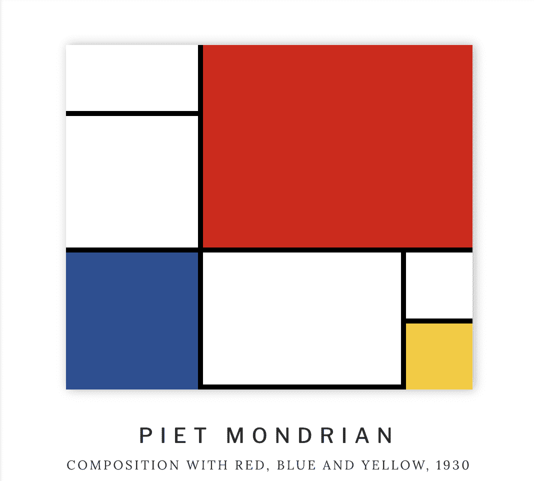 Abstract painting by Piet Mondrian featuring red, blue, yellow, and white rectangles separated by black lines. Titled Composition with Red, Blue and Yellow, 1930.