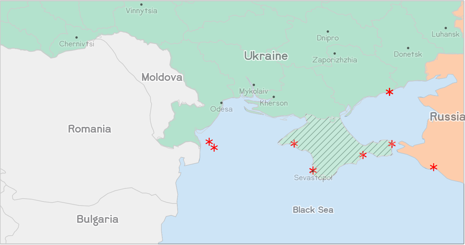 Map depicting parts of Eastern Europe, including Ukraine, Moldova, Romania, and Russia, with the Black Sea. Red asterisks depict strikes in the sea near Crimea, highlighted in green stripes.