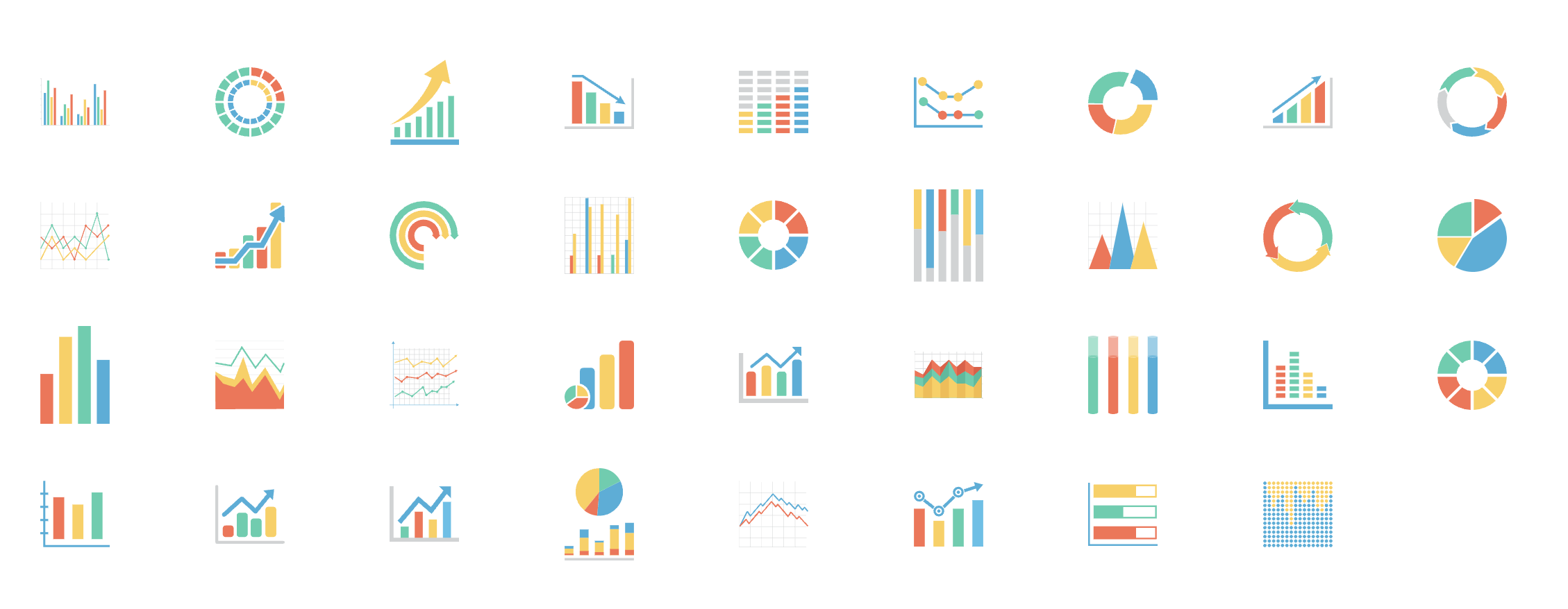 A grid of 36 colorful icons representing various charts and graphs, including bar, pie, line, and scatter plots, each depicted in a minimalist style.