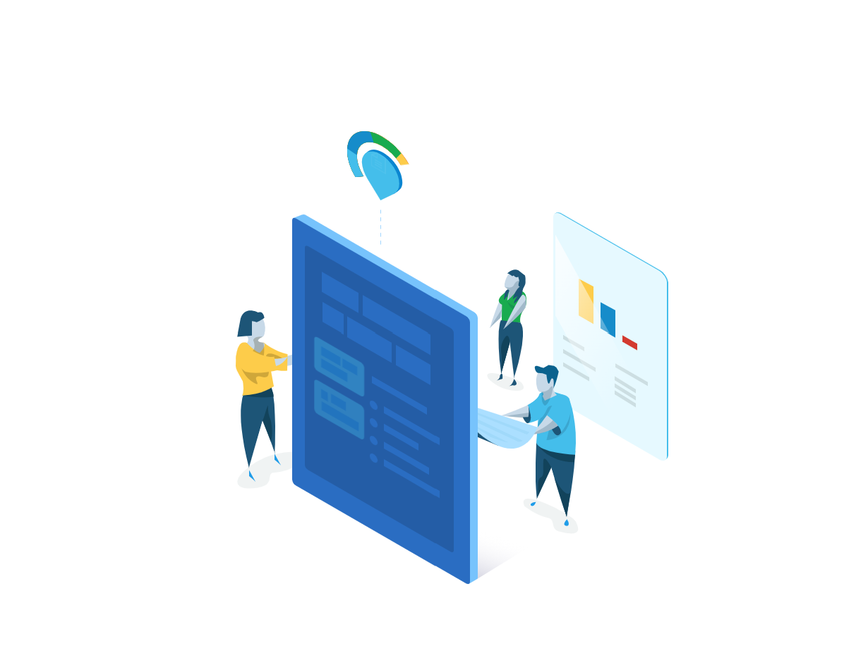 Illustration of four people interacting with large, floating digital screens displaying data and graphics, including a semi-circle dial. The scene suggests teamwork and technology in a modern workspace.
