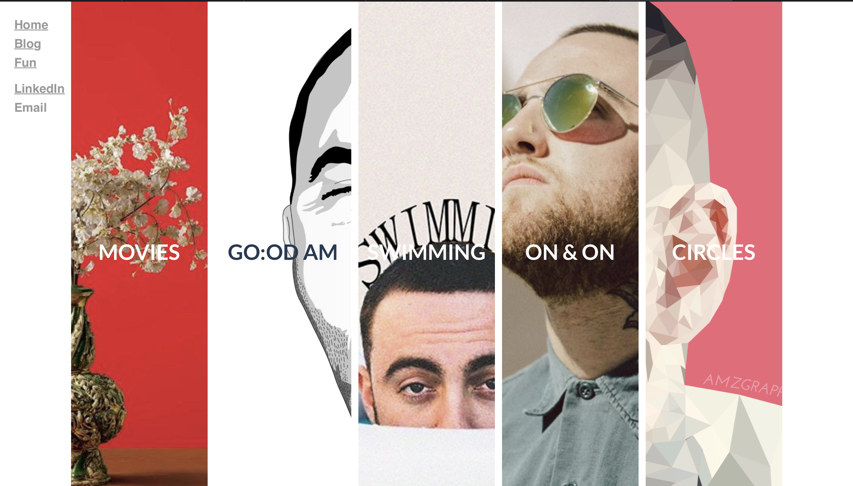 A collage of five sections with different images and text. From left to right: a vase with flowers and the word MOVIES, a close-up illustration with GO:OD AM, an eye with SWIMMING, a man in sunglasses with ON & ON, and a geometric portrait with CIRCLES.