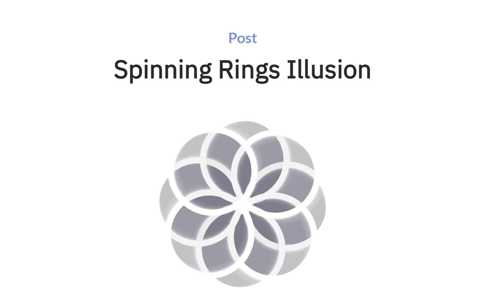 Optical illusion featuring multiple interlocking grey rings with a darker center. The arrangement creates a visual effect where the rings appear to spin. Above the image are the words Post and Spinning Rings Illusion in black text.