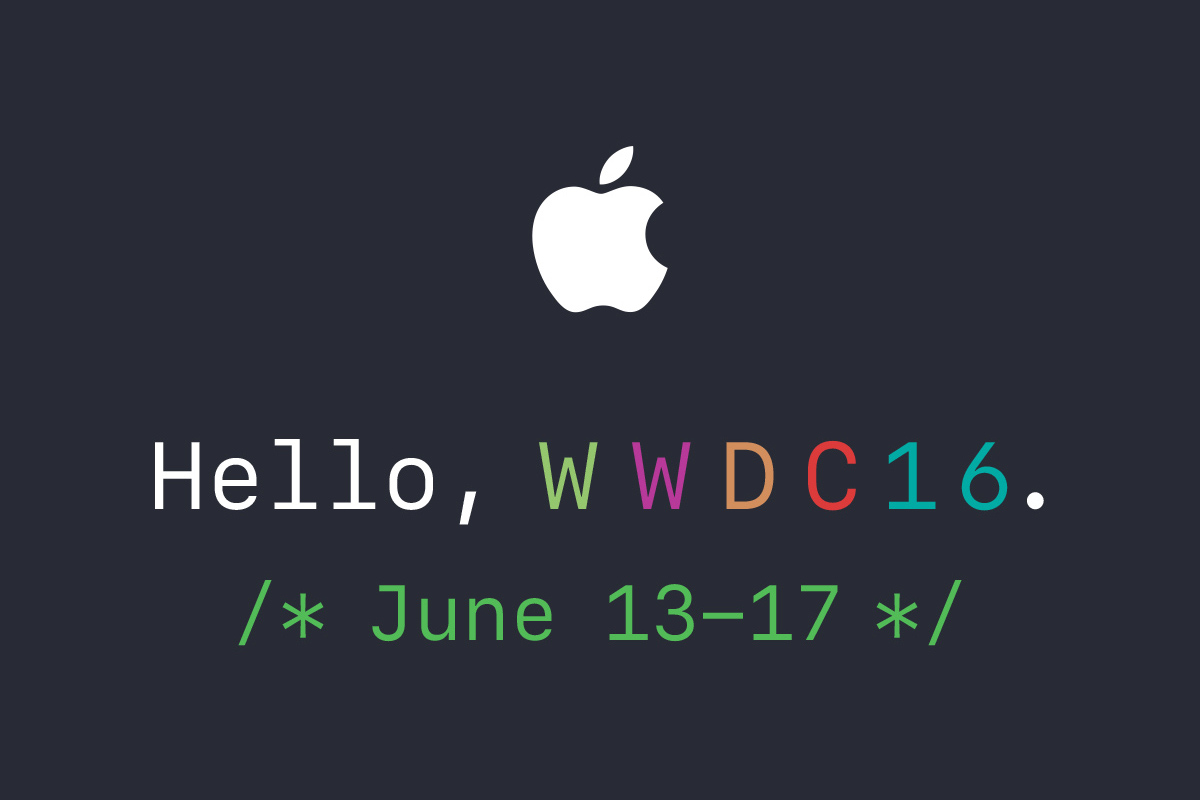 Apple logo above text on a dark background. Text reads: Hello, WWDC16. and /* June 13-17 */ in a mix of white and green colors.